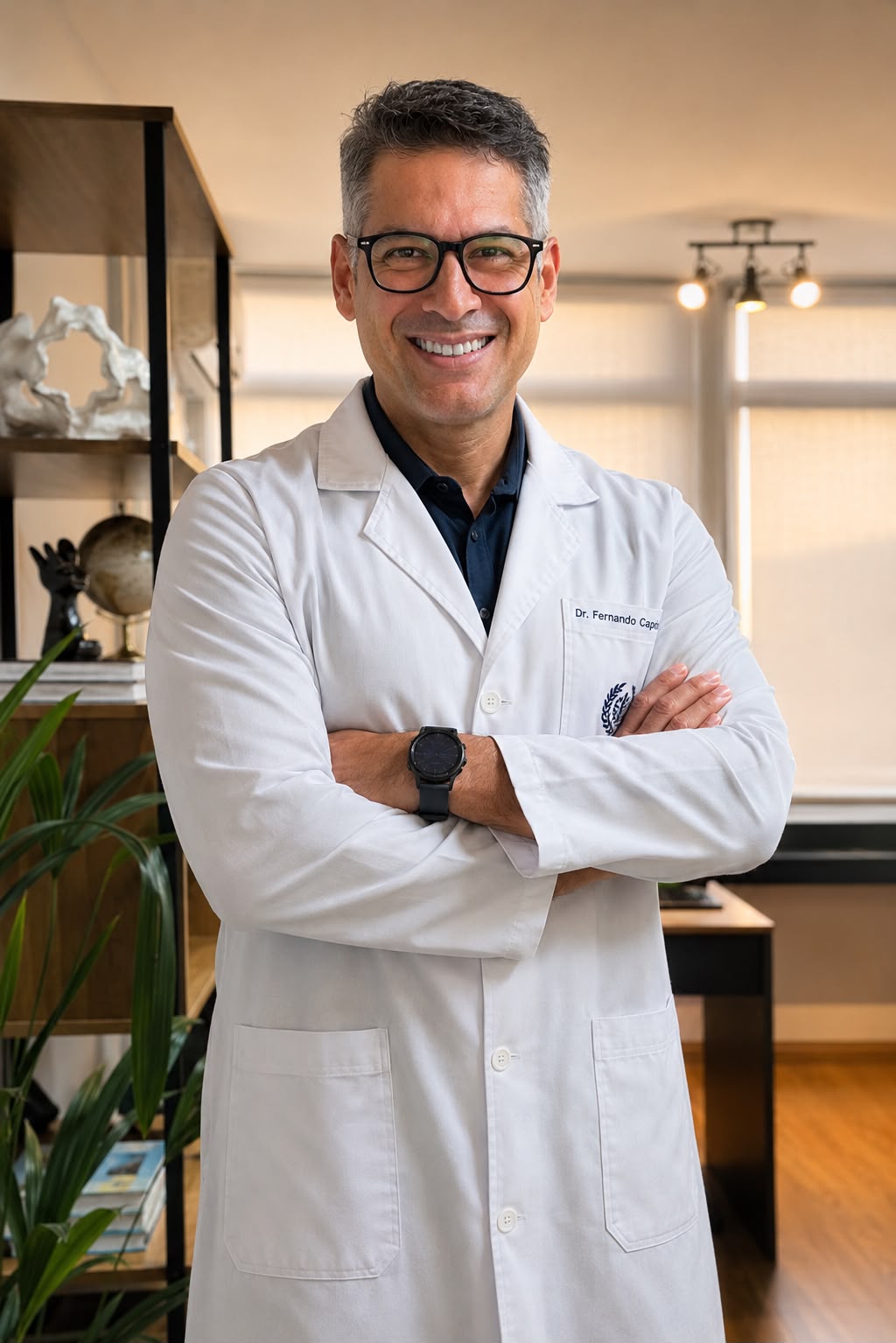 Retrato profissional do Dr. Fernando Capristano, fisioterapeuta da EARFF, jaleco branco com crachá de identificação e camisa social escura, óculos de grau, relógio no pulso, braços cruzados, sorriso confiante, ambiente de escritório moderno, fotografia corporativa realista