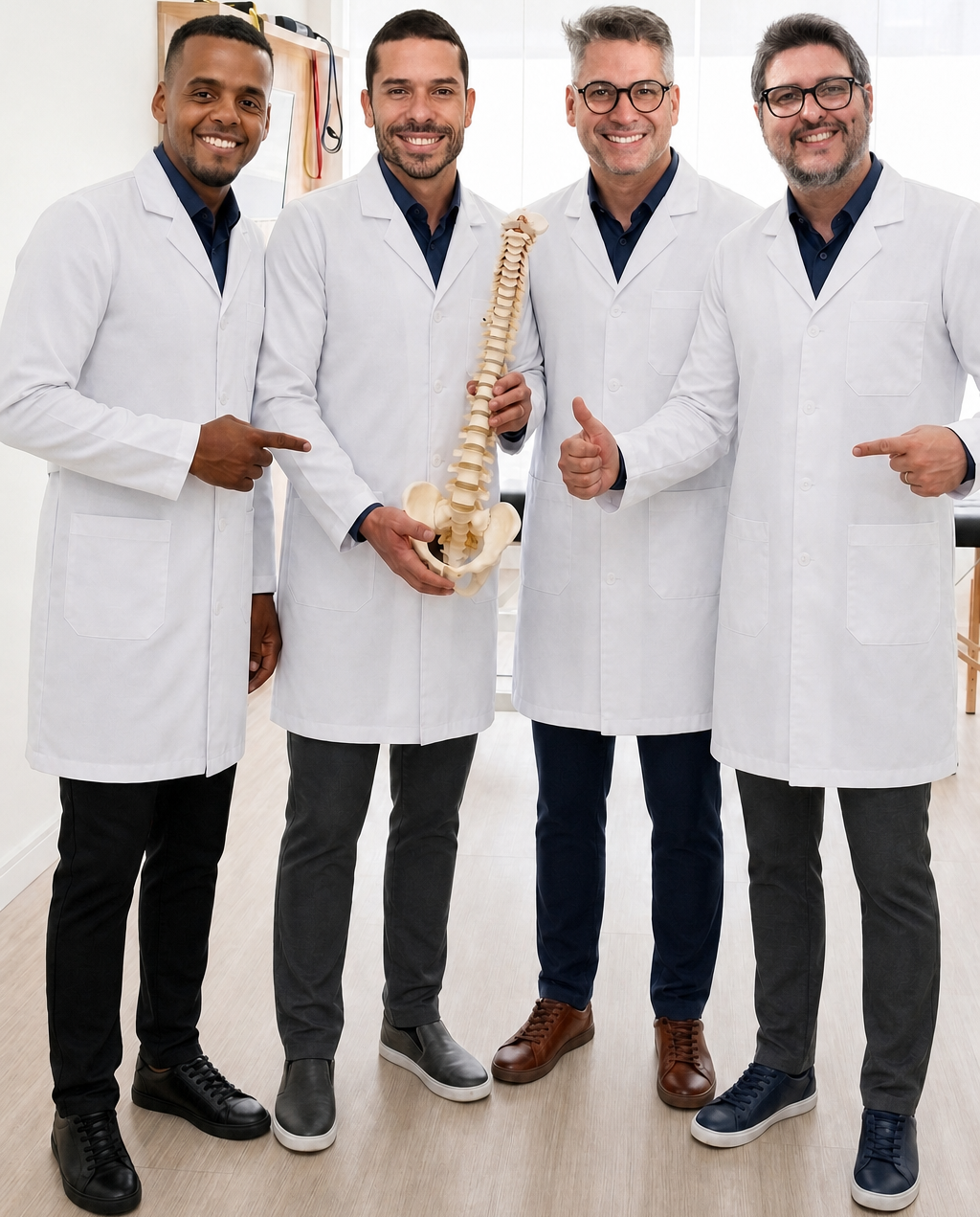 Quatro fisioterapeutas de jaleco branco sorrindo, um deles segurando um modelo anatômico de coluna vertebral, ambiente clínico moderno em tons claros, fotografia realista profissional
