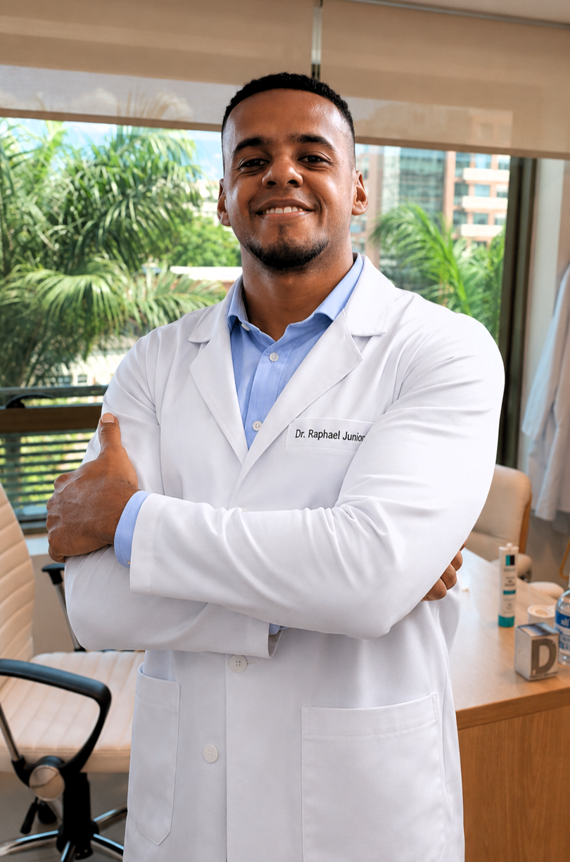 Retrato profissional do Dr. Raphael Nunes, fisioterapeuta da EARFF, jaleco branco com crachá de identificação, camisa social azul-clara, braços cruzados, sorriso confiante, ambiente de consultório clínico com janela ao fundo, fotografia corporativa realista