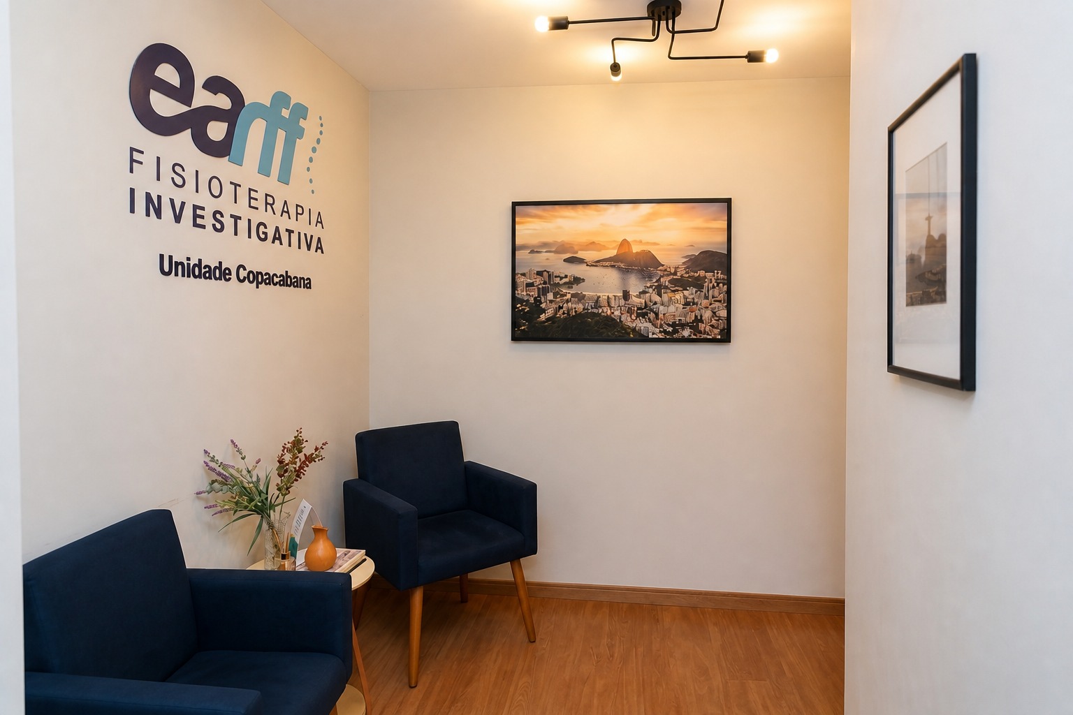 Recepção da unidade EARFF Fisioterapia Investigativa Copacabana, parede branca com logo EARFF e texto Unidade Copacabana, poltronas estofadas azul-marinho com pés de madeira, quadro com foto panorâmica do Rio de Janeiro ao entardecer, piso de madeira clara, iluminação suave por spots de teto, ambiente clean e acolhedor, fotografia arquitetônica realista