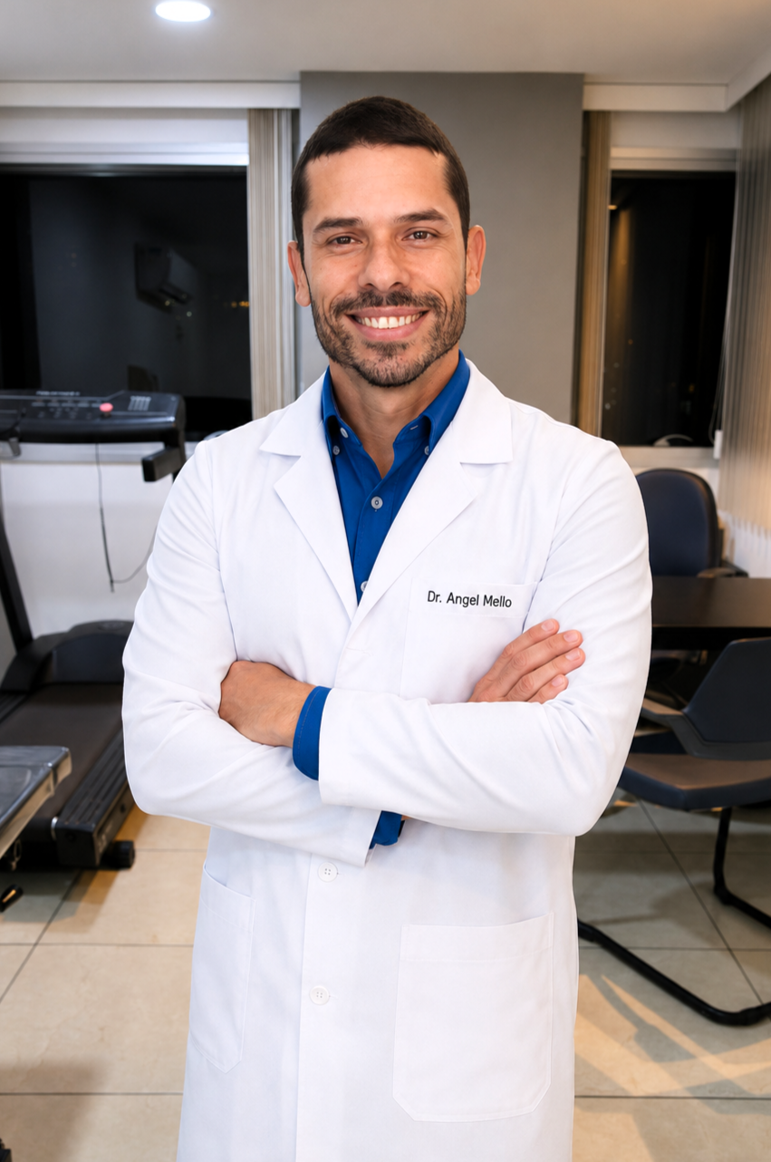 Retrato profissional do Dr. Angel Mello, fisioterapeuta da EARFF, jaleco branco com crachá de identificação, braços cruzados, sorriso confiante, ambiente clínico moderno, fotografia corporativa realista