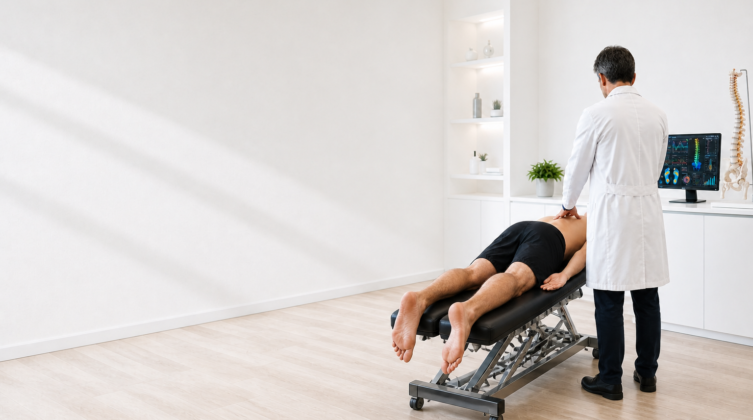 Fisioterapeuta realizando avaliação investigativa em paciente deitado em maca clínica, com monitor de análise postural e coluna vertebral ao fundo, ambiente clínico moderno em tons brancos, iluminação suave e profissional, fotografia realista, ângulo levemente lateral